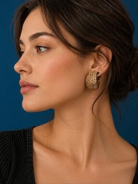 Vintage Metal Floral Patina Chunky Huggie Hoop Earrings